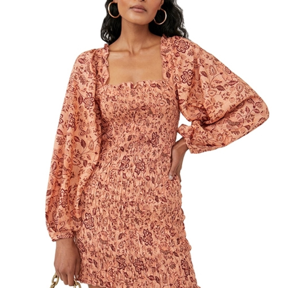 NEW Free People Smock It To Me Floral Print Puffed Sleeve Smocked Bodycon Dress - Picture 2 of 5